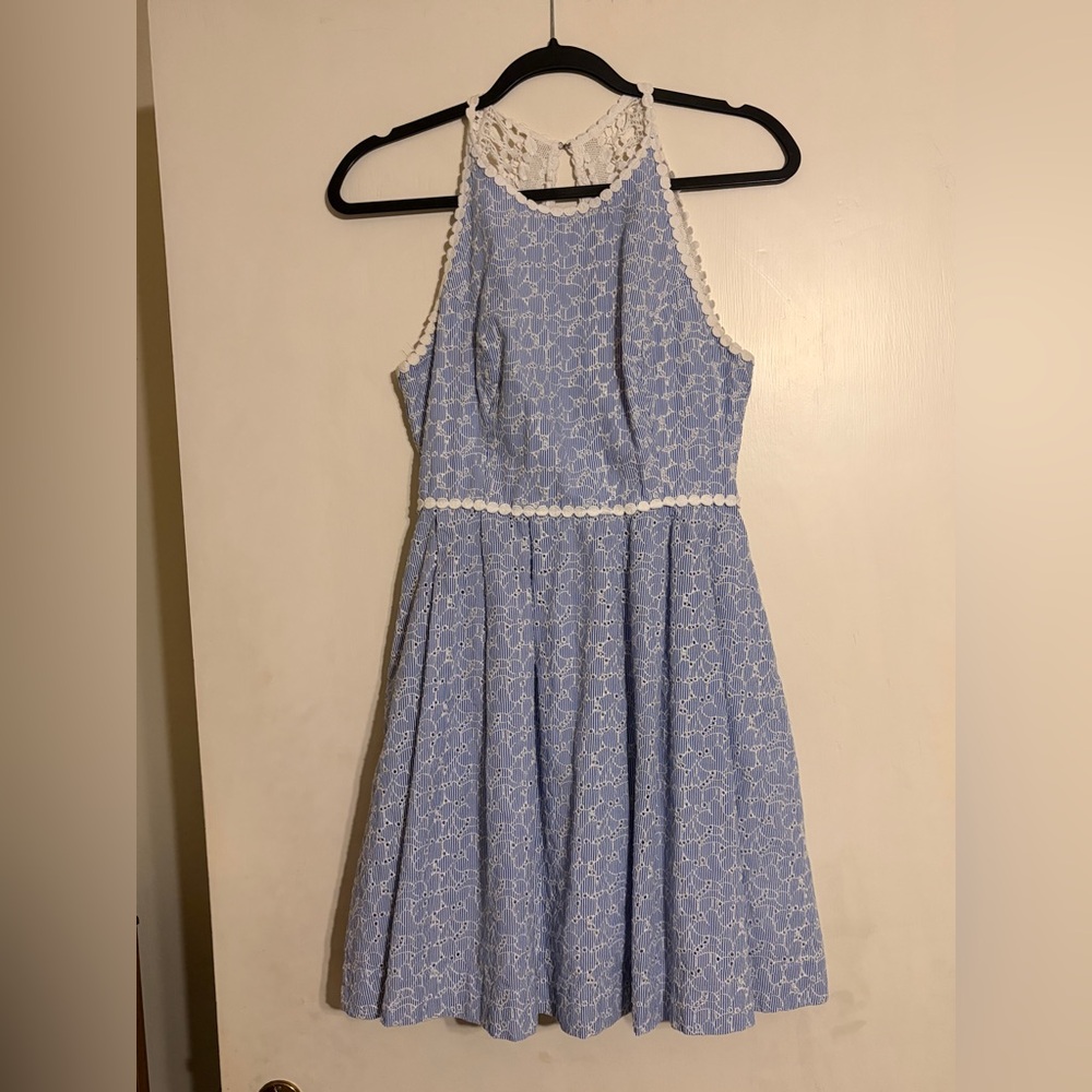 Lilly Pulitzer Tori Crew Blue &  White Lace-Trim Halter Dress